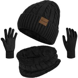 Womens Winter Hat Scarf Gloves Set Beanie Touchscreen Warm Knit Fleece 3 Piece